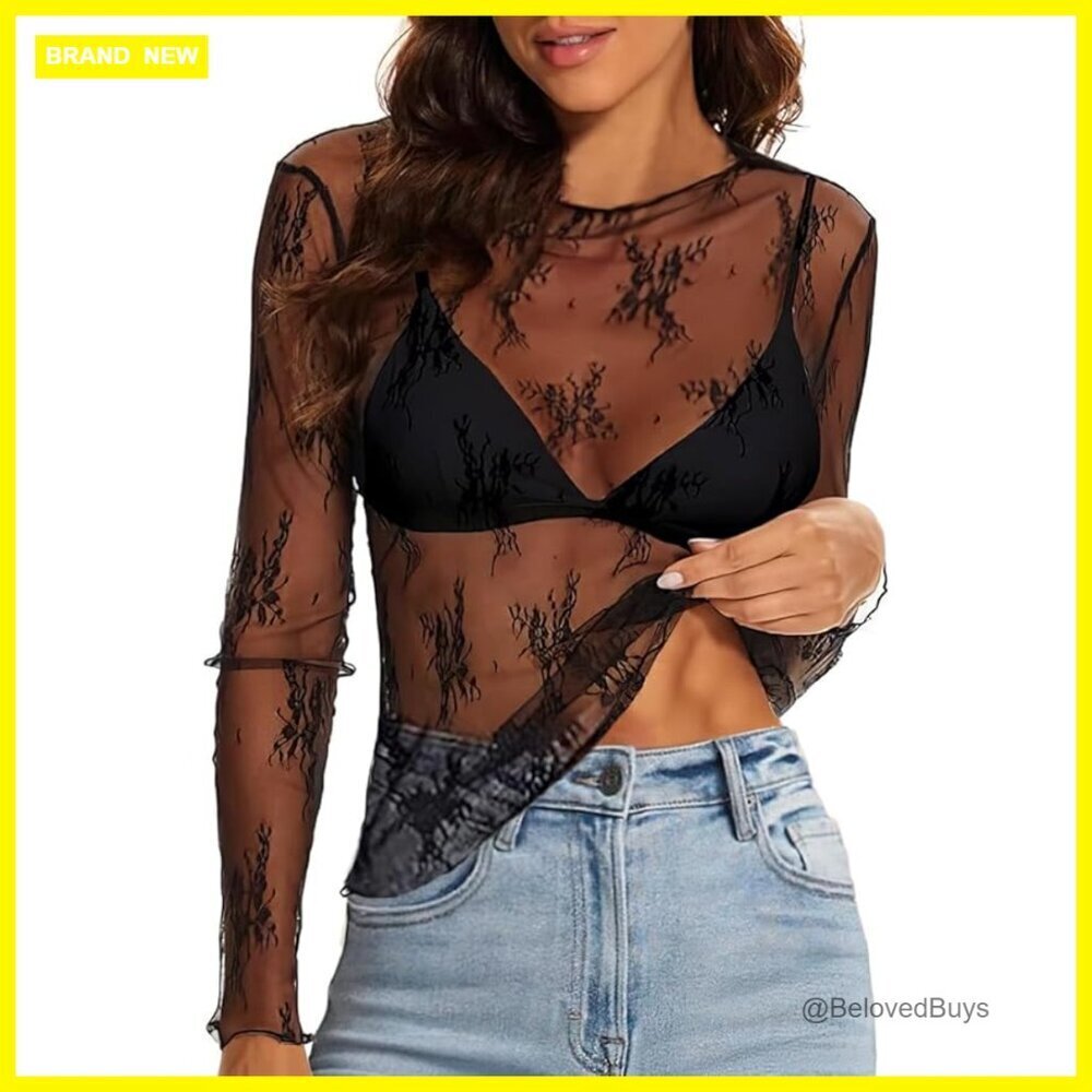 Mesh Sheer Top Long Sleeve Crew Neck Loose Fit Party Clubwear Shirt